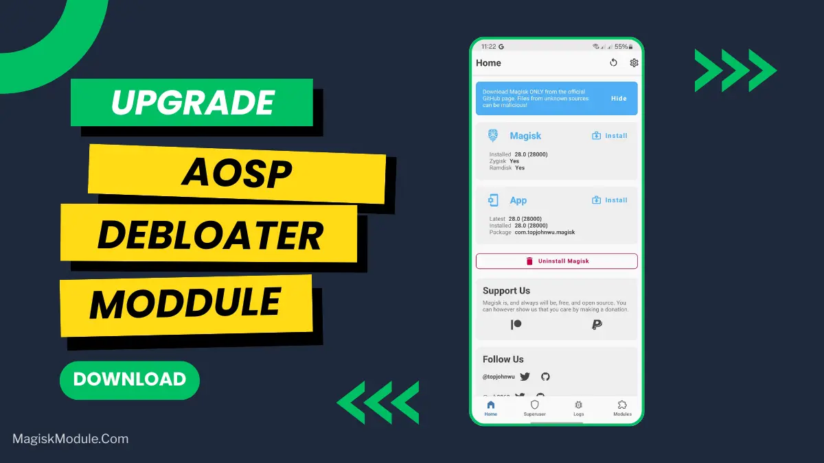 AOSP Debloater Module Install Via Magisk /  AxManager logo